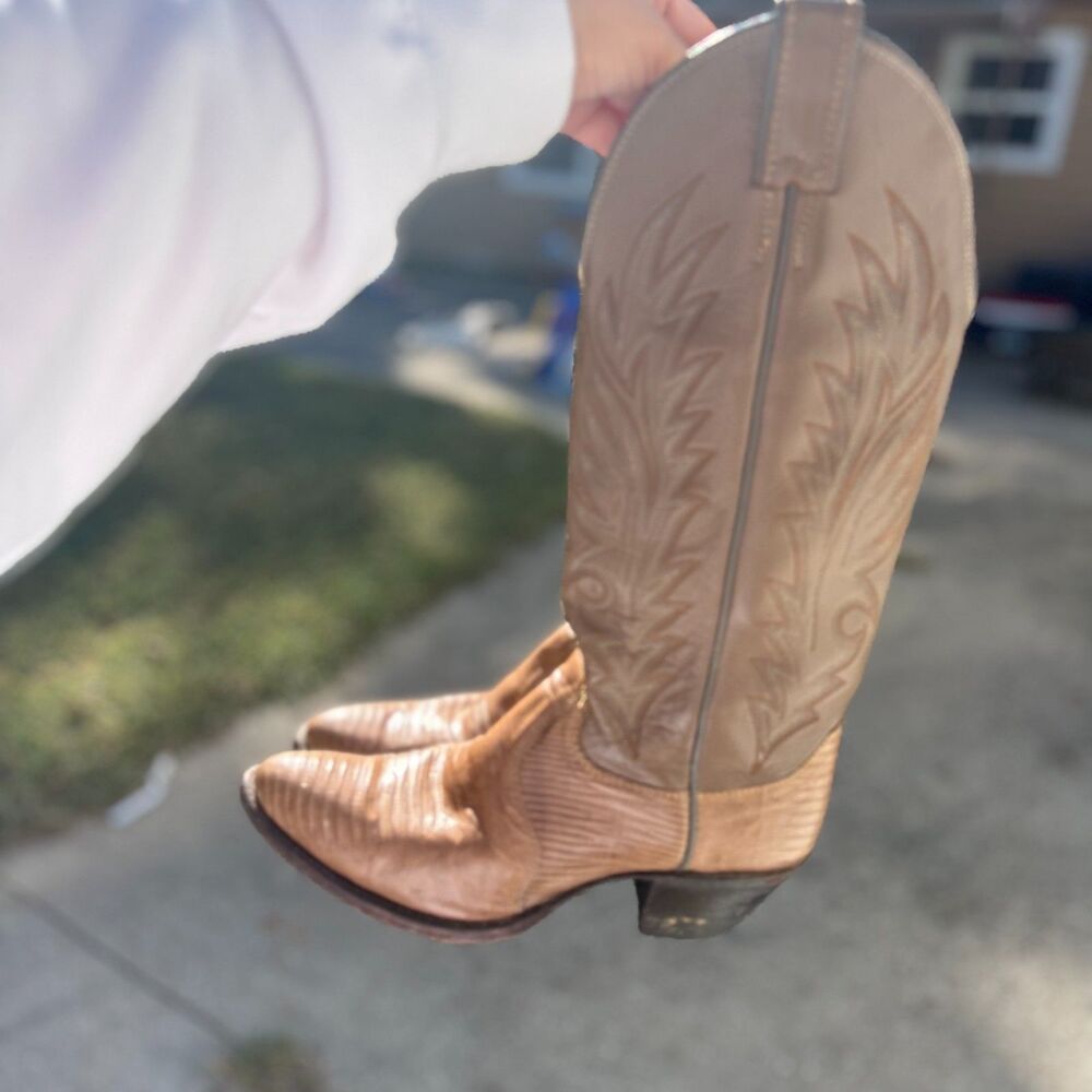 VINTAGE Justin Boots 8493 Genuine Lizard Skin Cowboy Boots Men 6.5 D Read